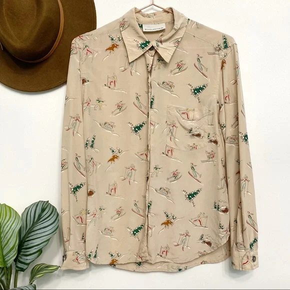 vintage | evan piccone skiing skating winter fun print silk blouse m - Picture 1 of 12